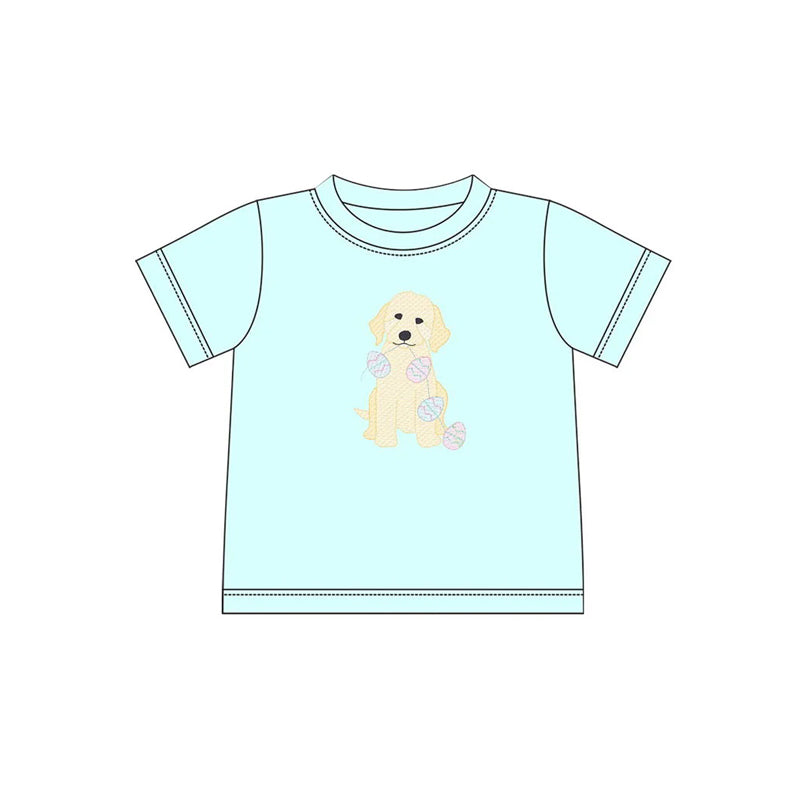 Preorder Baby Boy Short Sleeves Easter Eggs Dog Blue Shirt ( Moq 5 )