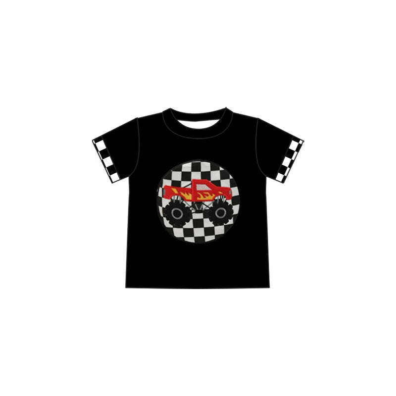 Preorder Baby Boy Kids Toddler Black Checkered Truck Tee Shirt Tops  ( Moq 5 )