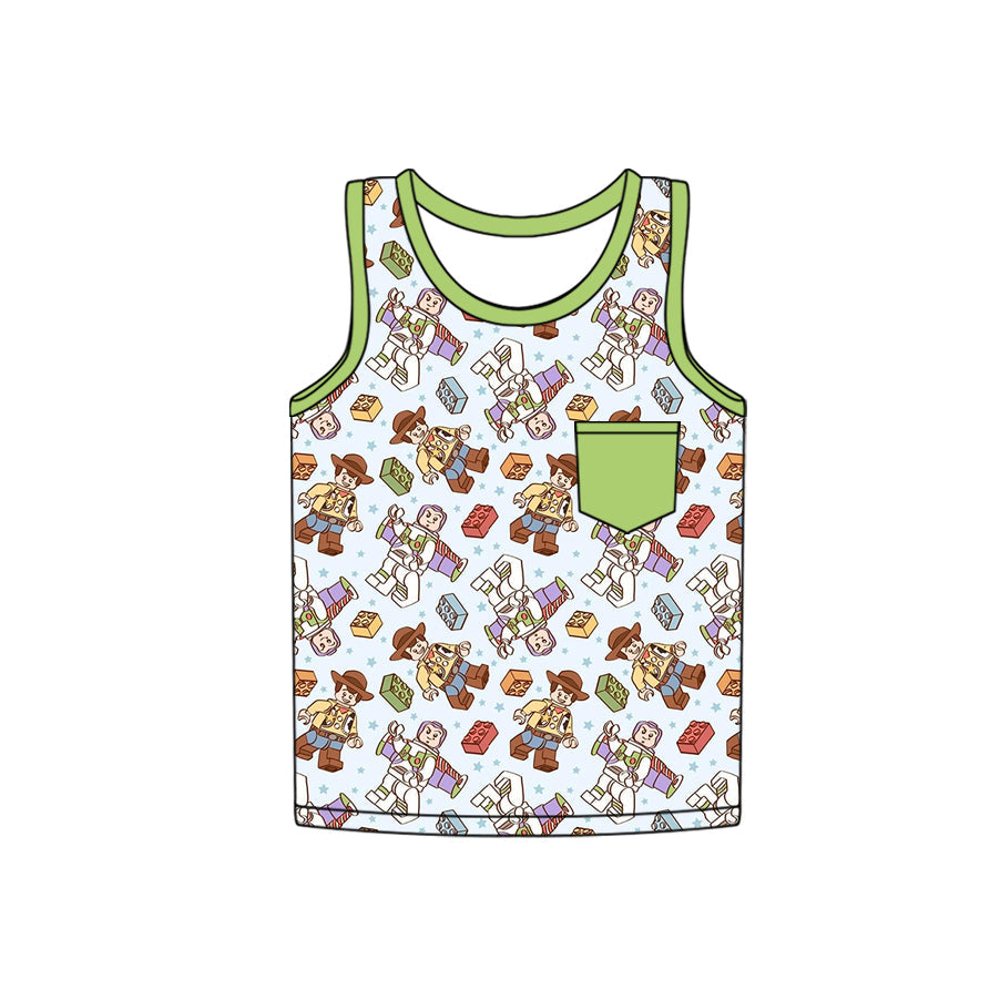 Preorder Baby Boy Sleeveless Toys Green Pocket Shirt Tops ( Moq 5 )