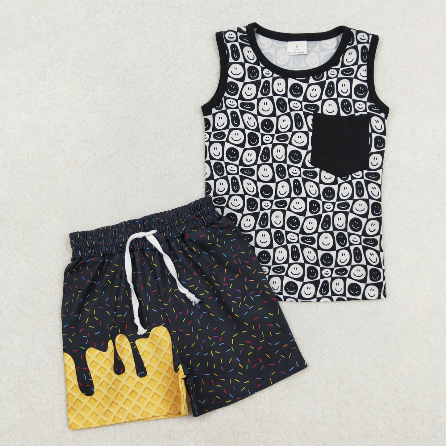 Baby Boys Kids Sleeveless Smile Shirt Pockets Black Shorts Set Summer Clothes