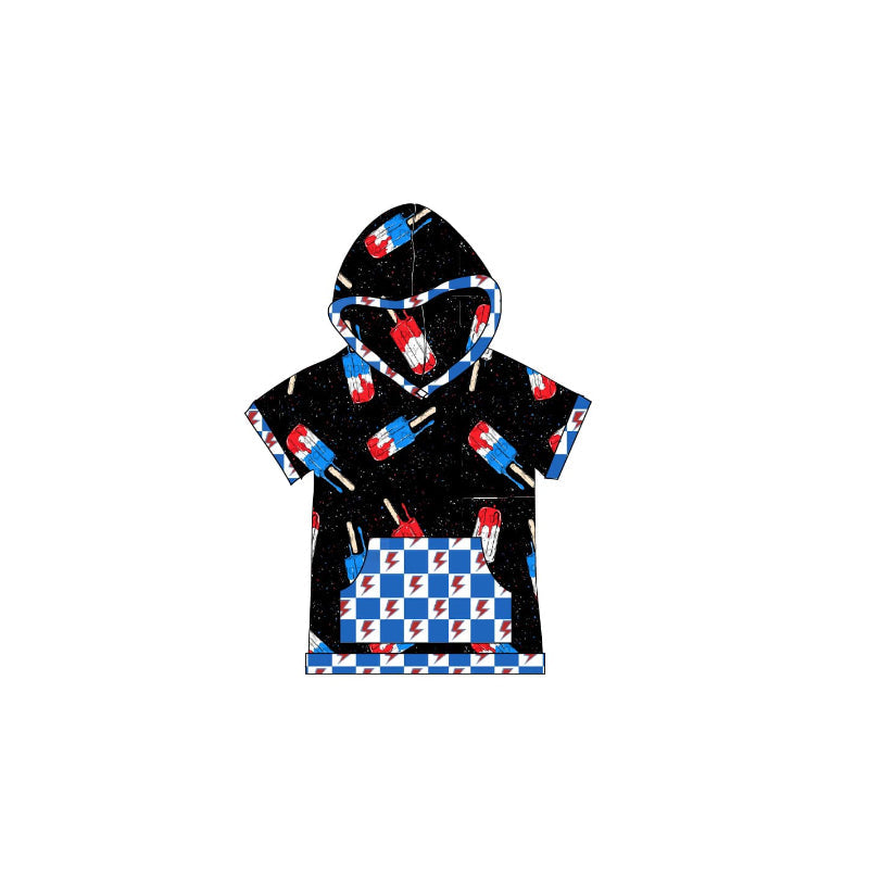 Preorder Baby Boy Toddler Short Sleeves Popsicles Checked Pocket Hoodie July 4th Shirt ( Moq 5 )