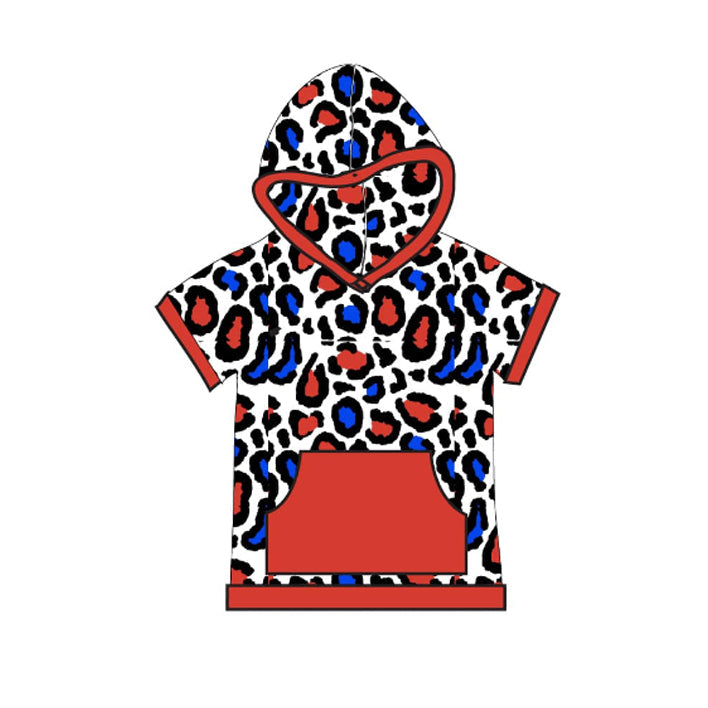 Preorder Baby Boy Toddler Short Sleeves Red Blue Leopard Pocket Hoodie July 4th Shirt ( Moq 5 )