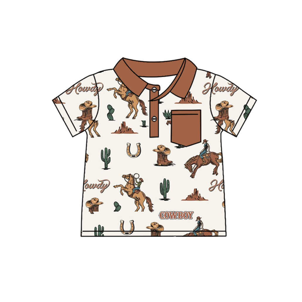 Preorder Baby Boy Short Sleeves Cowboy Howdy Pocket Polos Shirt Tops ( Moq 5 )