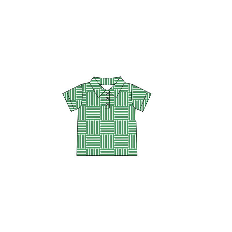 Preorder Baby Boy Short Sleeves Stripes Plaid Green Buttons  Shirt Tops ( Moq 5 )