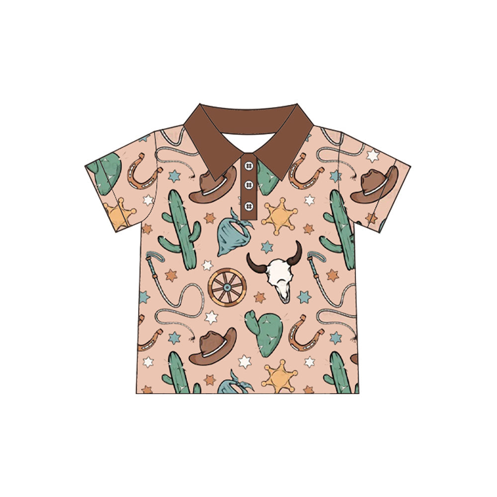 Preorder Baby Boy Short Sleeves Western Cow Cactus Buttons Shirt Tops ( Moq 5 )