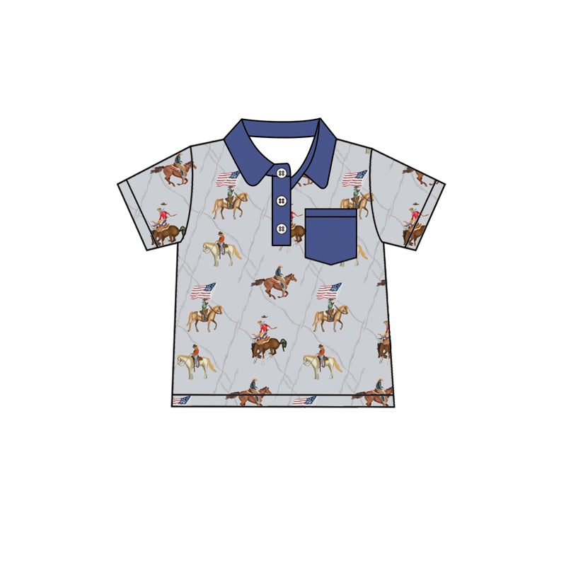 Preorder Baby Boy 4th Of July Short Sleeves Western Rodeo Flags Buttons Shirt Tops ( Moq 5 )