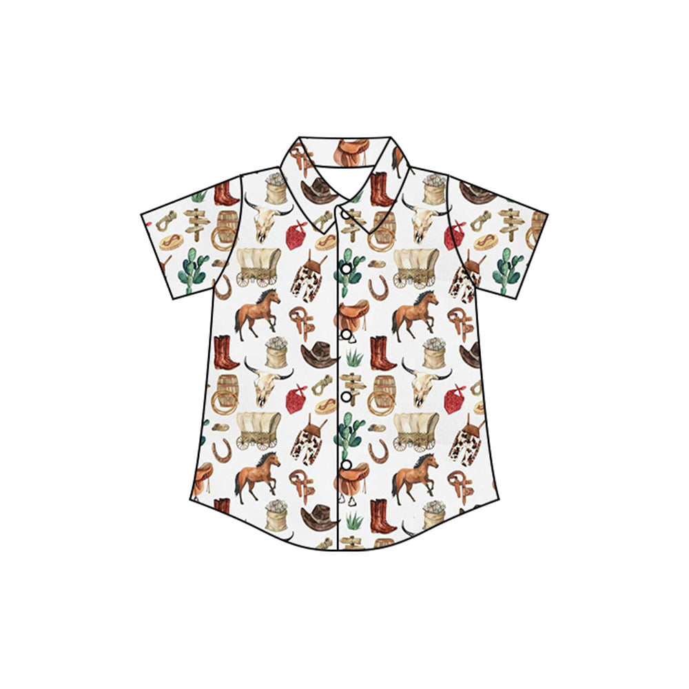 Preorder Baby Boy Short Sleeves Western Boots Horses Shirt ( Moq 5 )