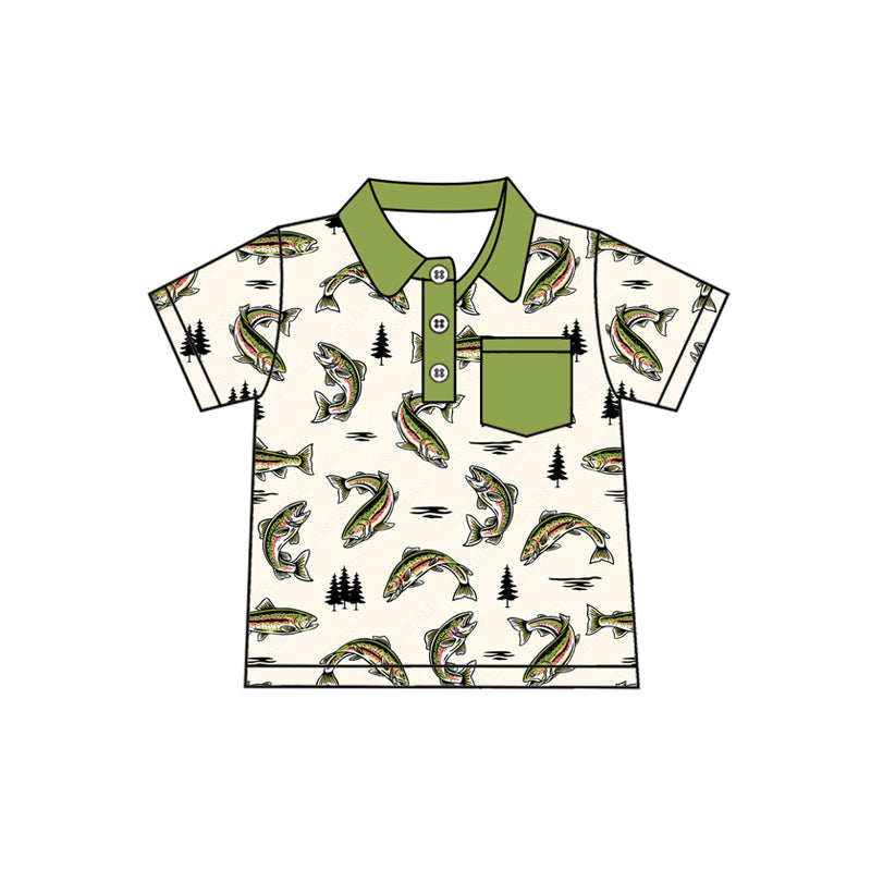 Preorder Baby Boy Short Sleeves Fish Buttons Green Pocket Shirt Tops ( Moq 5 )