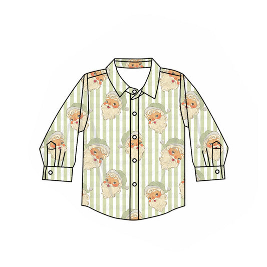 ( Moq 5 ) Preorder Baby Boy Long Sleeves Green Stripes Santa Christmas Buttons Shirt