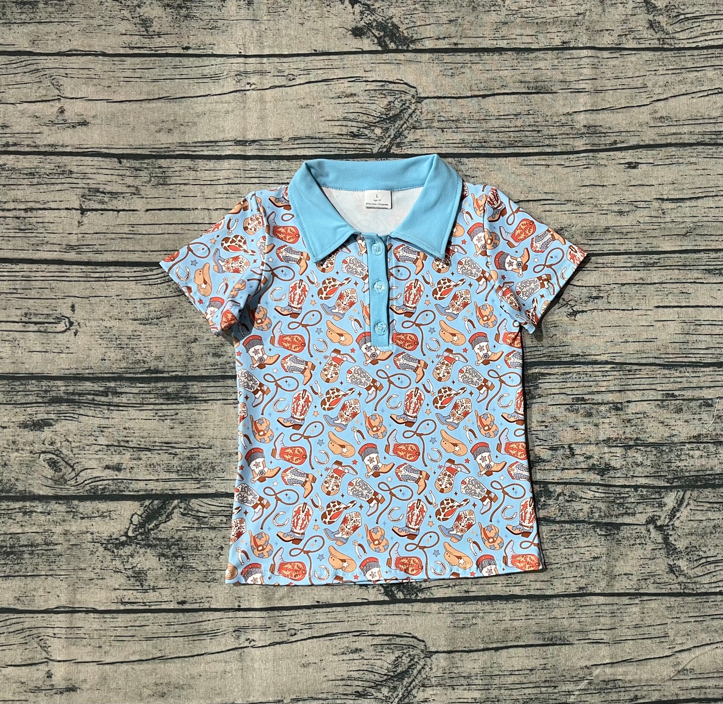Baby Boy Short Sleeves Western Hats Boots Buttons Blue Pullover Shirt RTS