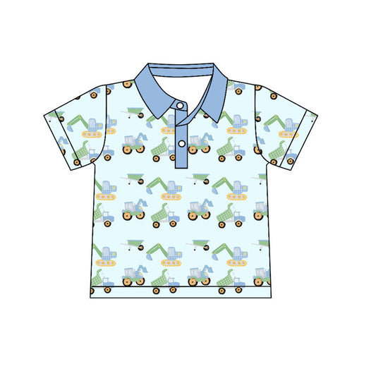 ( Moq 5 ) Preorder Baby Boy Short Sleeves Excavators Buttons Shirt Tops