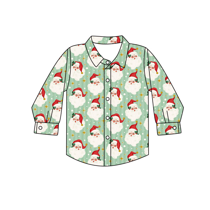 ( Moq 5 ) Preorder Baby Boy Long Sleeves Santa Christmas Buttons Green Shirt Tops