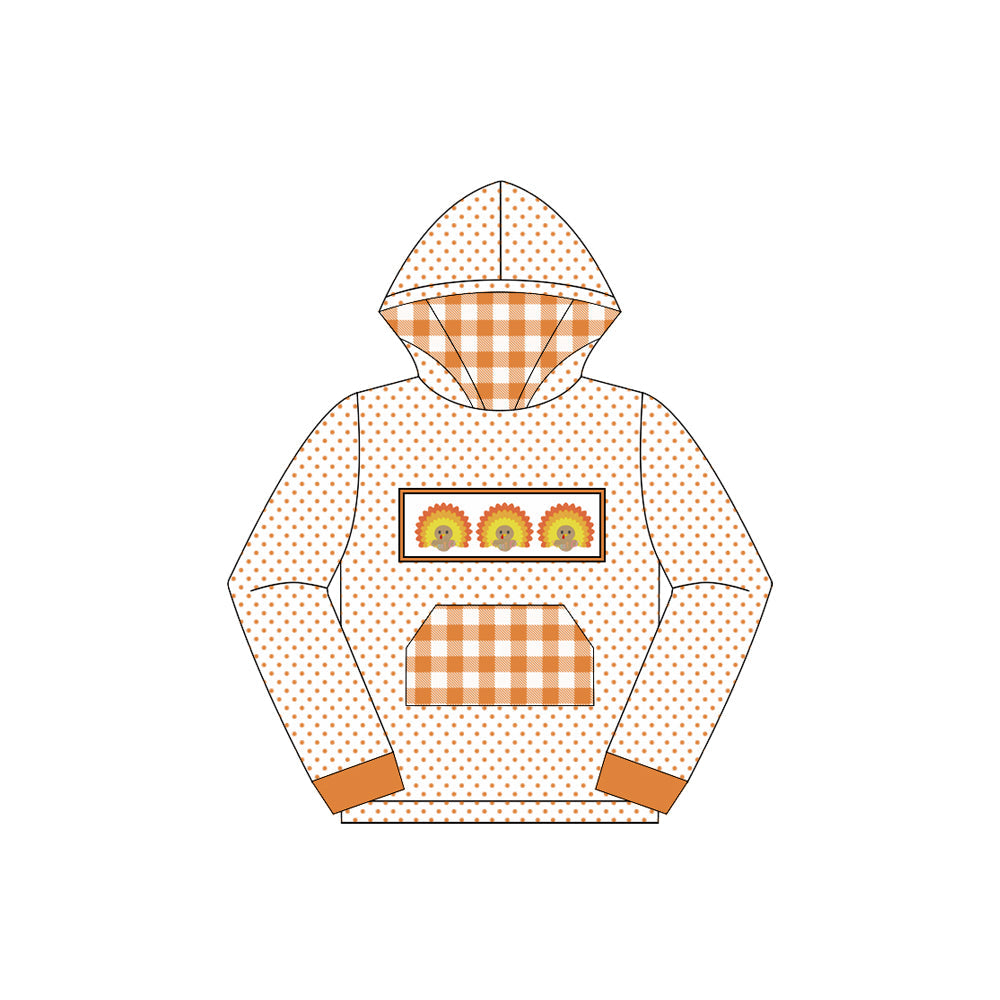 ( Moq 5 ) Preorder Baby Boy Long Sleeves turkey Plaid Pocket Hoodie Orange Fall Shirt