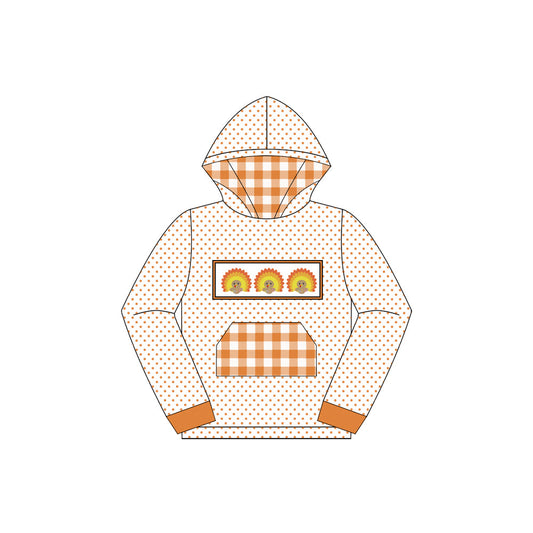 ( Moq 5 ) Preorder Baby Boy Long Sleeves turkey Plaid Pocket Hoodie Orange Fall Shirt