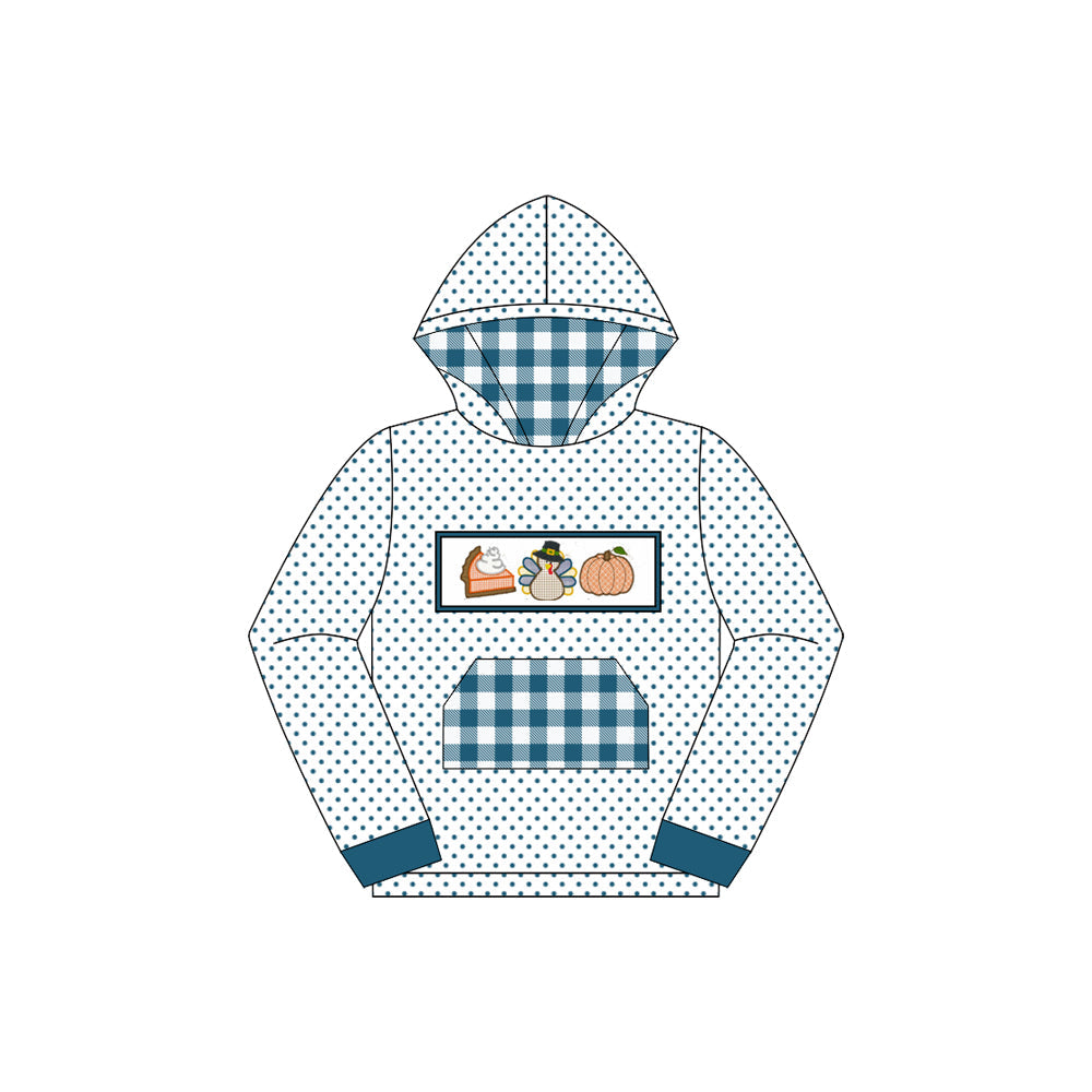 ( Moq 5 ) Preorder Baby Boy Long Sleeves turkey Pumpkin Pie Plaid Pocket Hoodie Fall Shirt