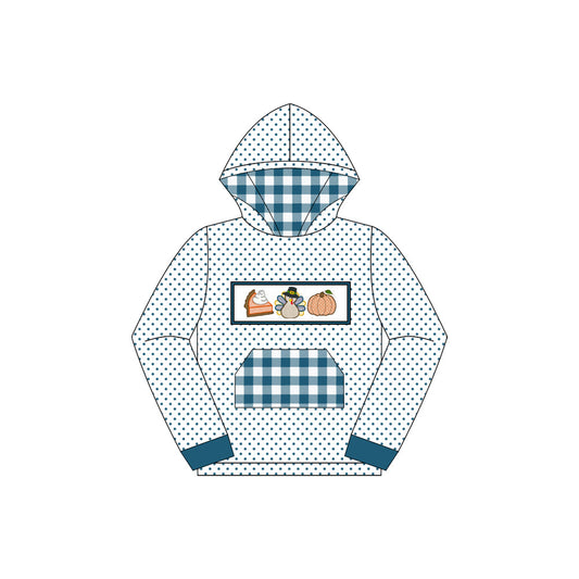 ( Moq 5 ) Preorder Baby Boy Long Sleeves turkey Pumpkin Pie Plaid Pocket Hoodie Fall Shirt