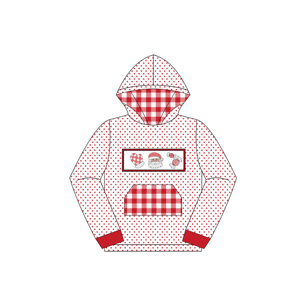 ( Moq 5 ) Preorder Baby Boy Long Sleeves Santa Candy Red Plaid Pocket Hoodie Christmas Shirt