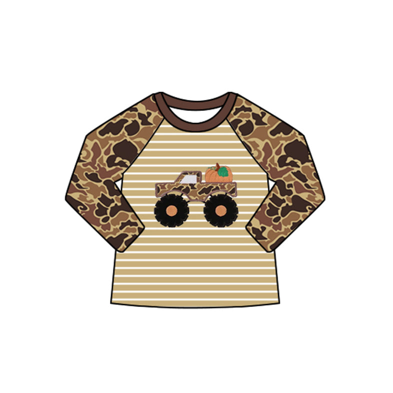 ( Moq 5 ) Preorder Baby Boy Camo Long Sleeves Truck Pumpkin Stripes Fall Shirt Tops