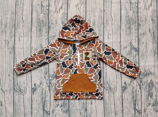 ( No moq ) Preorder Baby Boy Long Sleeves Embroidery Dog Hoodie Zipper Brown Camo Shirt