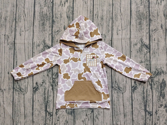 ( No moq ) Preorder Baby Boy Long Sleeves Embroidery Dog Hoodie Zipper Khaki Camo Shirt