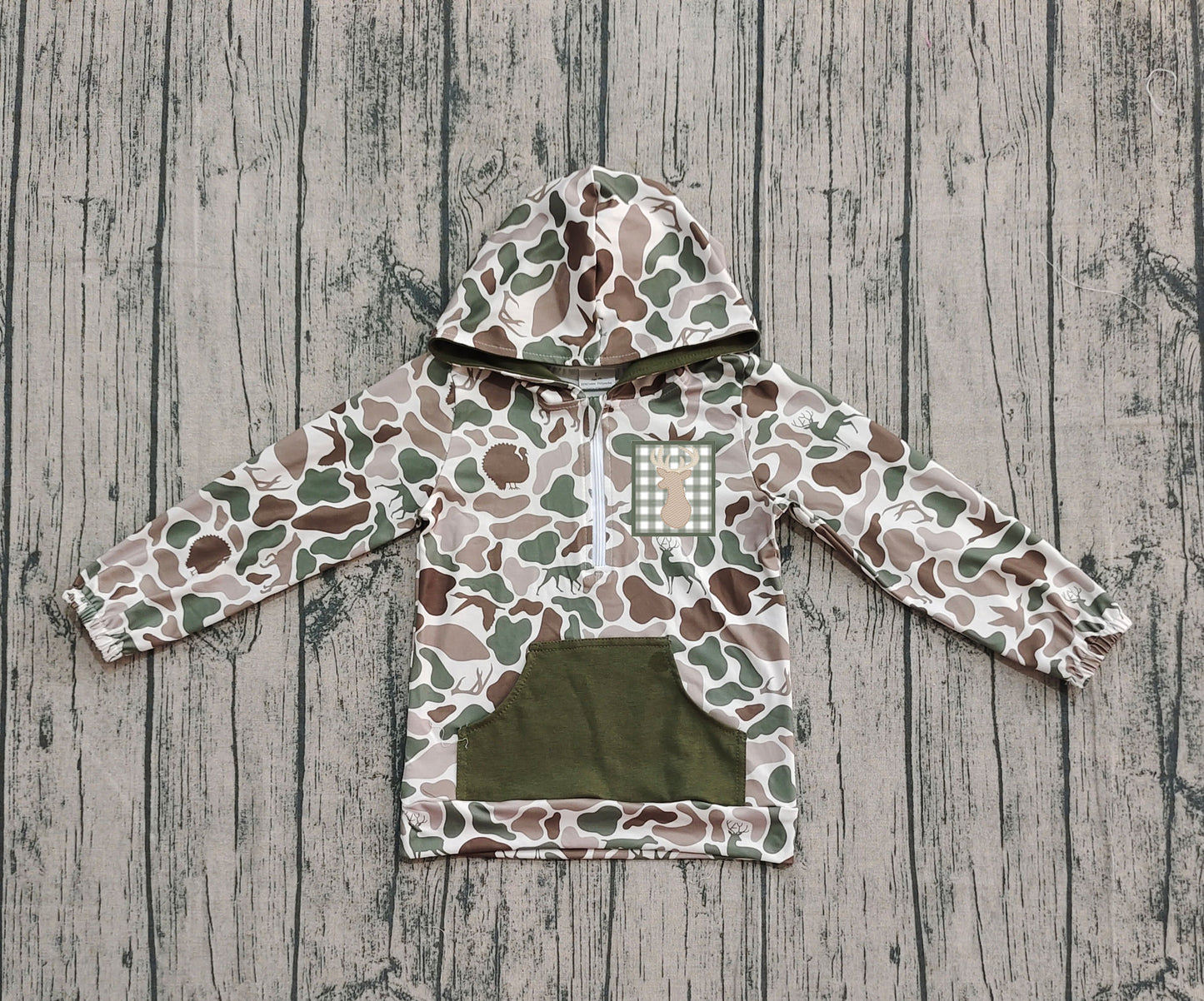( No moq ) Preorder Baby Boy Long Sleeves Embroidery Deer Dog Duck Hoodie Zipper Green Camo Shirt