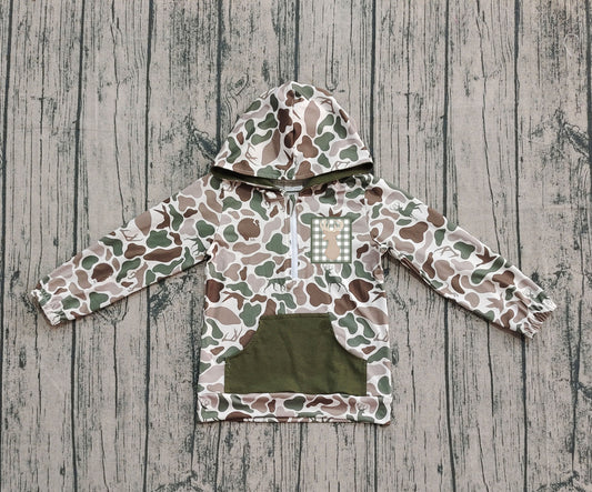 ( No moq ) Preorder Baby Boy Long Sleeves Embroidery Deer Dog Duck Hoodie Zipper Green Camo Shirt