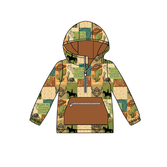 ( Moq 5 ) Preorder Baby Boy Long Sleeves Cow Cactus Western Zipper Hoodie Pocket Shirt