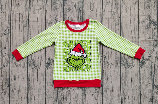 ( No moq ) Preorder Baby Boy Long Sleeves Green Face Christmas Plaid Shirt