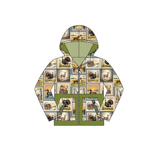 ( Moq 5 ) Preorder Baby Boy Long Sleeves turkey Ducks Dogs Hunting Zipper Pockets Hooded Shirt Tops