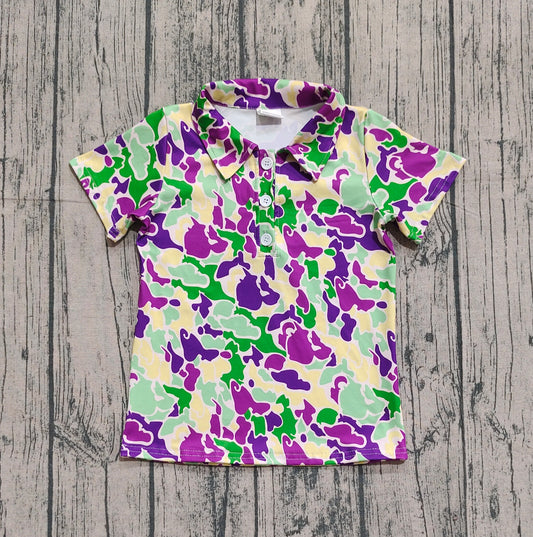 ( No moq ) Preorder Baby Boy Short Sleeves Buttons Mardi Gras Camo Shirt