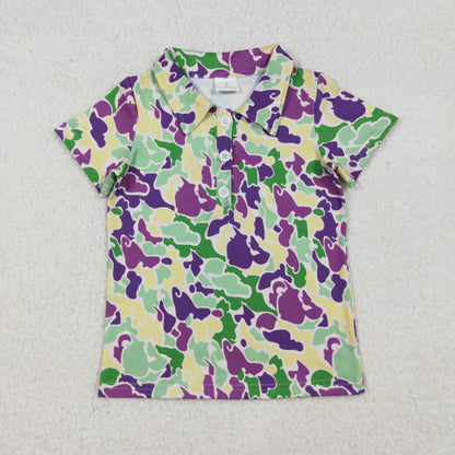 Sibling Baby Boys Camo Short Sleeves Mardi Gras Buttons Shirt Zipper Romper Pajamas Set RTS