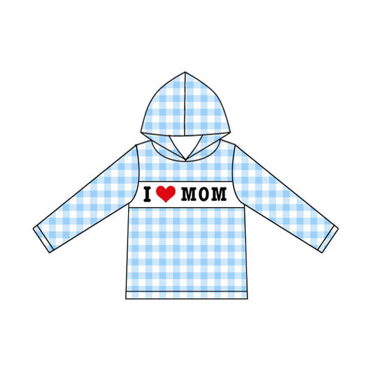 ( Moq 5 ) Preorder Kids Boys Long Sleeves I Love MOM Blue Plaid Hoodie Pullover Shirt