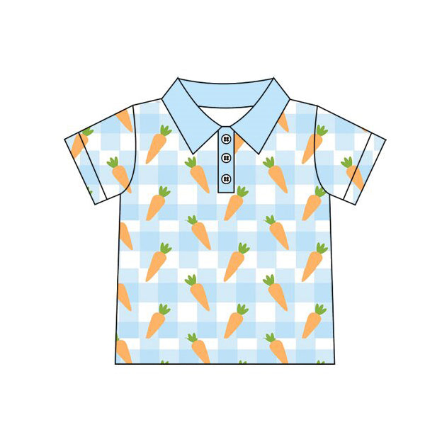 ( Moq 5 ) Preorder Boys Kids Carrots Blue Plaid Easter Buttons Shirt Tops