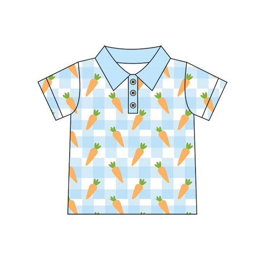 ( Moq 5 ) Preorder Boys Kids Carrots Blue Plaid Easter Buttons Shirt Tops