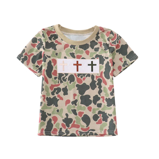 (Moq 5 ) Preorder Boys Kids Short Sleeves Crosses Easter Camo Shirt Tops