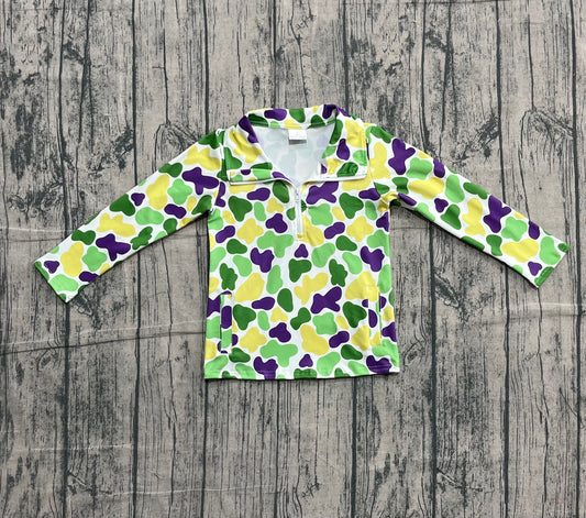 ( No moq ) Preorder Boys Kids Long Sleeves Camo Mardi Gras Zipper Pockets Pullover Shirt