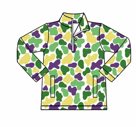 ( Moq 5 ) Preorder Boys Kids Long Sleeves Camo Mardi Gras Zipper Pockets Pullover Shirt