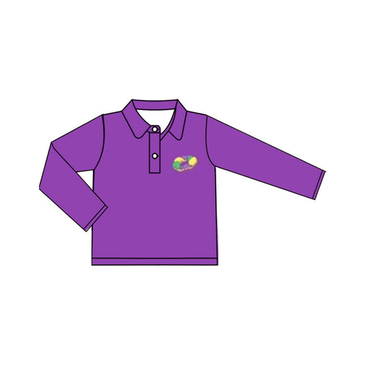 ( Moq 5 ) Preorder Baby Boys Kids Purple Long Sleeves Donut Polo Shirt Mardi Gras Tops