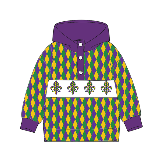 ( Moq 5 ) Preorder Baby Boys Kids Long Sleeves Anchors Plaid Mardi Gras Hoodie Buttons Shirt Tops
