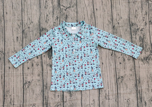 ( No moq ) Preorder Kids Boys Blue Long Sleeves Golf Buttons Polo Pullover Shirt Tops