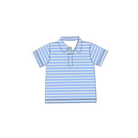 ( Moq 5 ) Preorder Baby Boys Short Sleeves Blue Stripes Buttons Polo Shirt Tops