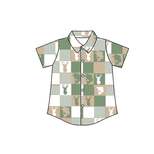 ( Moq 5 ) Preorder Baby Boys Short Sleeves Deer Fish Plaid Buttons Shirt Hunting Tops
