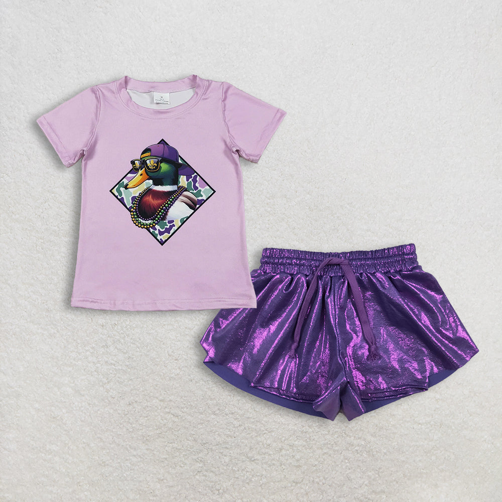 Baby Girls Short Sleeves Duck Shirt Purple Leather Ruffle Shorts Mardi Gras Set RTS