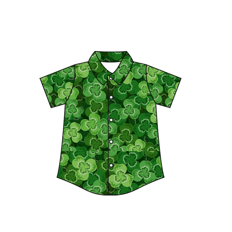 ( Moq 5 ) Preorder Baby Boys Short Sleeves St Patrick Buttons Clovers Green Shirt Tops