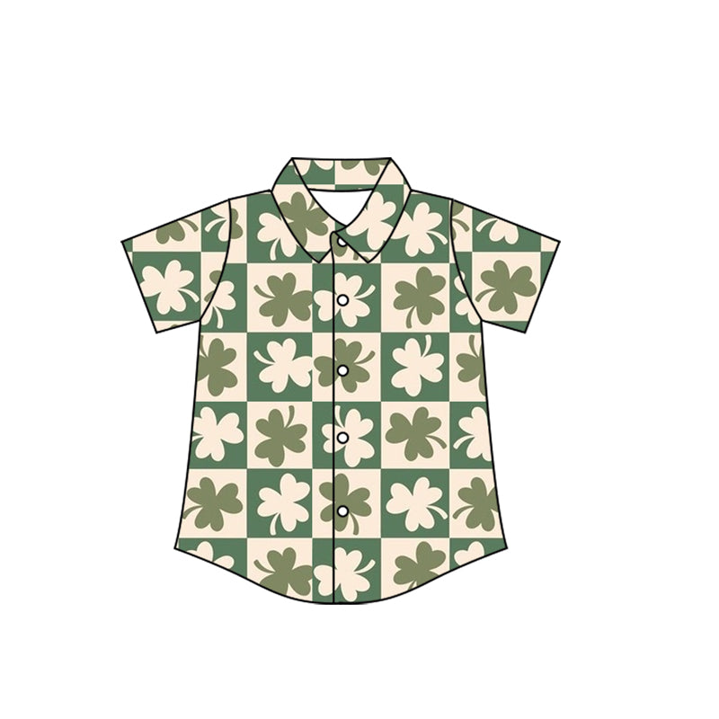 ( Moq 5 ) Preorder Baby Boys Short Sleeves St Patrick Buttons Clovers Checked Shirt Tops