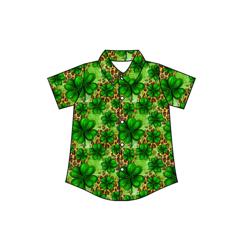( Moq 5 ) Preorder Baby Boys Short Sleeves St Patrick Buttons Clovers Leopard Green Shirt Tops