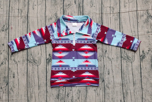 ( No moq ) Preorder Baby Boys Long Sleeves Western Aztec Print Zipper Pullover Tops