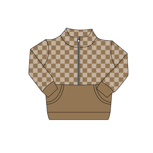 ( Moq 5 ) Preorder Baby Boys Brown Checked Zipper Pockets Pullover Shirt Tops