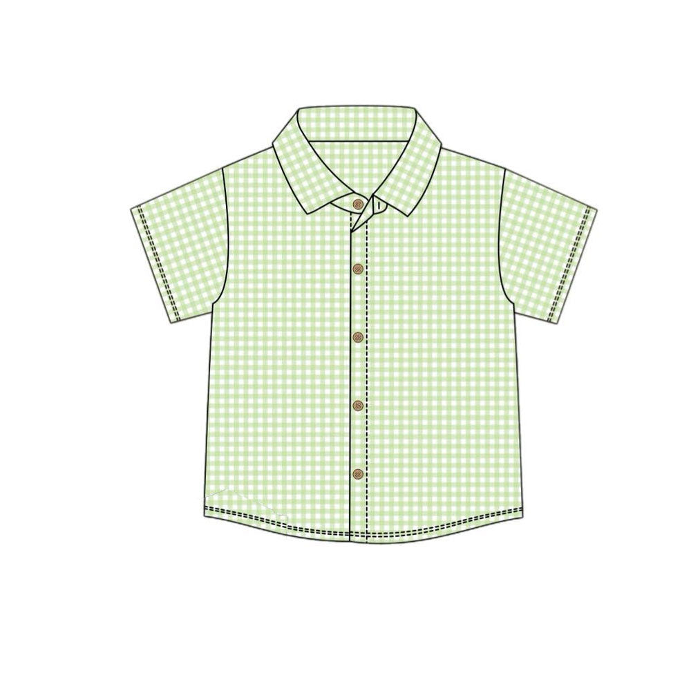 ( Moq 5 ) Preorder Baby Boys Short Sleeves Green Plaid Buttons Shirt Tops