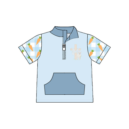 ( Moq 5 ) Preorder Baby Boys Carrots Short Sleeves Cross Zipper Pocket Easter Pullover Shirt